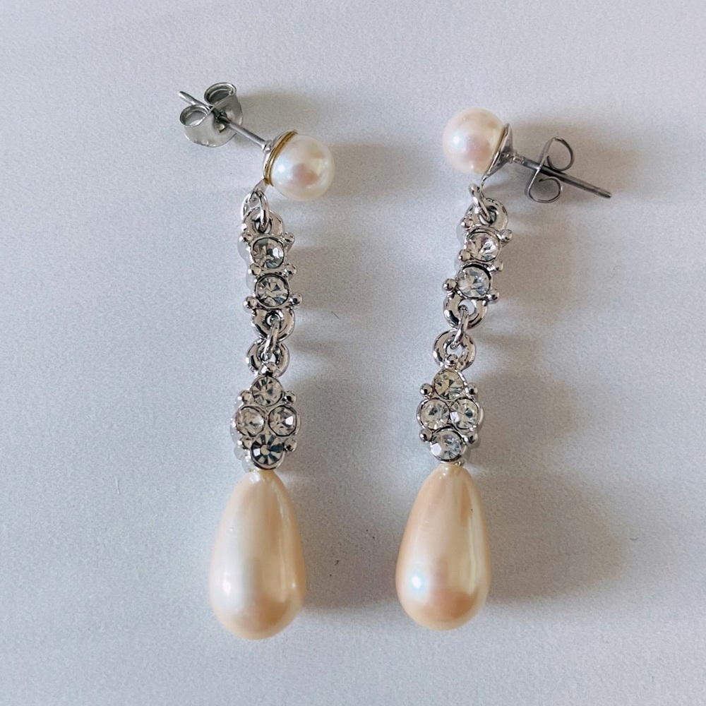 Elegant Silver and Cream Rhinestone and Pearl Drop Earrings- Pierced Earrings